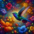 A painting art of a beautiful humingbird, amidts a vibrant explosion of wildflower, blooming petals, animal, fantasy