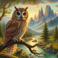 A painting art of beautiful and wise owl, on a branch behind a river, mountains at backdrop, whimsical, stunning, morning sunlight