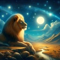 A painting art of a charming lion in a relaxed pose, sitting in chill at a moonlit desert, with twinkling stars in night sky