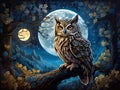 Painting art of friendly owl with breathtaling moonlit forest, Van Gogh style, stands on wood, starry sky