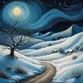 Painting art of the snow road in the hill, in winter night, starry sky, moonlit, tree, beauty of nature, village houses