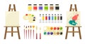 Painting art tools. Set of art tools - brushes, palette, palette knife, paint, tube art paints, easel, jars, watercolor paints. Ve Royalty Free Stock Photo