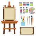 Painting art tools palette icon set flat vector illustration details stationery creative paint equipment.