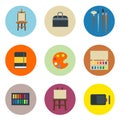 Painting art tools palette icon set flat vector illustration details stationery creative paint equipment.