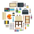 Painting art tools palette icon set flat vector illustration details stationery creative paint equipment. Royalty Free Stock Photo