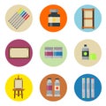 Painting art tools palette icon set flat vector illustration details stationery creative paint equipment. Royalty Free Stock Photo