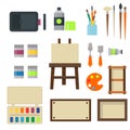 Painting art tools palette icon set flat vector illustration details stationery creative paint equipment. Royalty Free Stock Photo