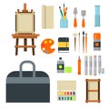Painting art tools palette icon set flat vector illustration details stationery creative paint equipment. Royalty Free Stock Photo