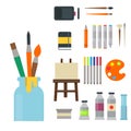 Painting art tools palette icon set flat vector illustration details stationery creative paint equipment. Royalty Free Stock Photo