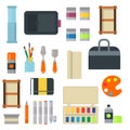 Painting art tools palette icon set flat vector illustration details stationery creative paint equipment. Royalty Free Stock Photo