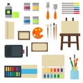 Painting art tools palette icon set flat vector illustration details stationery creative paint equipment. Royalty Free Stock Photo