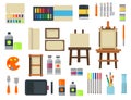 Painting art tools palette icon set flat vector illustration details stationery creative paint equipment. Royalty Free Stock Photo