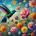 A painting art of a vibrant explosion wildflowers, with a beautiful humingbird hovers amidst it, blooming petals, colorful, nature