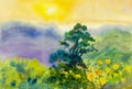 Painting art watercolor landscape original colorful of mountain Royalty Free Stock Photo