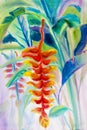 Painting art watercolor landscape original red, orange, yellow color of the Heliconia flower Royalty Free Stock Photo