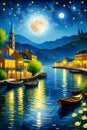 A painting art of whimsical harbor and skyline, in night spring scenery, moonlit, starry sky, small boat, flower, beautiful view