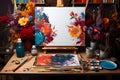 Painting in the artist\'s studio. Colorful flowers and paints on the easel with copy space Royalty Free Stock Photo