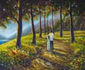 Painting couple walking in sunny summer park forest