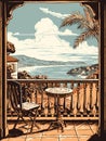 A Painting Of A Balcony With A Table And Chairs, Beautiful view from the balcony on the Italian coast