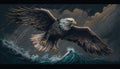 a painting of a bald eagle flying over a crashing wave