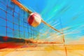 A Painting of a Beach Ball Hitting the Net, A close-up digital style painting of a high-speed volleyball spike, AI Generated