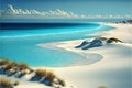 a painting of a beach with a blue ocean and sand dunes and grass on the shore and a cloudy sky