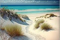 a painting of a beach with a blue sky and ocean in the background and sand dunes and grass on the beach