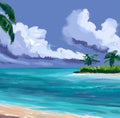 Painting of a beach in Maldivas with palm trees Royalty Free Stock Photo