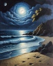 A painting of a beach at night with a full moon, sandy white moon landscape, beautiful moonlight night.