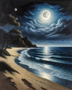 A painting of a beach at night with a full moon, sandy white moon landscape, beautiful moonlight night.