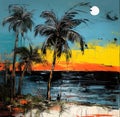 A painting of a beach scene with palm trees coconut trees and the moon in the background Royalty Free Stock Photo