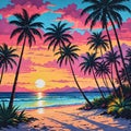 A painting of a beach scene with palm trees. Tropical background, beach sunset. Royalty Free Stock Photo