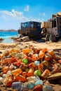 Painting of beach with truck and pile of orange and green barrels. Generative AI