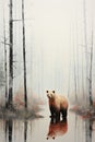 A painting of a bear standing in a swamp. Generative AI image.