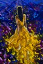 Painting beautiful Bright glowing girl in yellow walks through the night purple pink lavender field