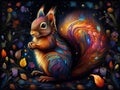 A painting of a beautiful and colorful squirrel witj flowers, on black background, cartoon style, animal, t-shirt, fantasy