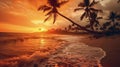 Painting of Beautiful colorful sunset on tropical ocean beach with coconut palm trees silhouettes Royalty Free Stock Photo