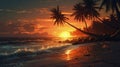 Painting of Beautiful colorful sunset on tropical ocean beach with coconut palm trees silhouettes Royalty Free Stock Photo