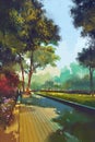 Painting of beautiful garden,park in the city