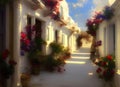 Painting of a beautiful old narrow street with white painted houses in a typical old-fashioned town in the Greek island of