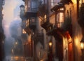 Painting of a beautiful old street in the Sultanamet district of Istanbul at night, with glowing lights reflected on cobbled Royalty Free Stock Photo