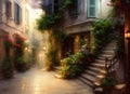 Painting of a beautiful old street with traditional houses in a typical old-fashioned greek town at twilight with glowing lamps