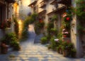 painting of a beautiful old street in a typical old-fashioned village on a greek island at twilight with glowing lamps and stone