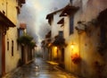 Painting of a beautiful old street with white painted houses in Monsanto Portugal early twilight.