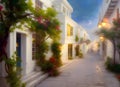 Painting of a beautiful old street with white painted houses in a typical old-fashioned town in Greece in early twilight.