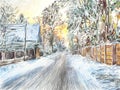 Painting of beautiful winter in the country Royalty Free Stock Photo