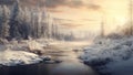 Painting of a beautiful winter landscape. River flowing through a snowy forest landscape in the cinematic light Royalty Free Stock Photo