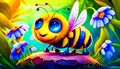 Painting of bee on rock in the middle of field. Generative AI Royalty Free Stock Photo