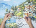 Painting for beginners, a woman draws a picture by numbers with acrylic paints on canvas artist draws a picture, painting a