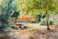 A Painting of a Bench in a City Park at Sunset, Watercolor painting of a tranquil rehabilitative therapy, AI Generated Royalty Free Stock Photo